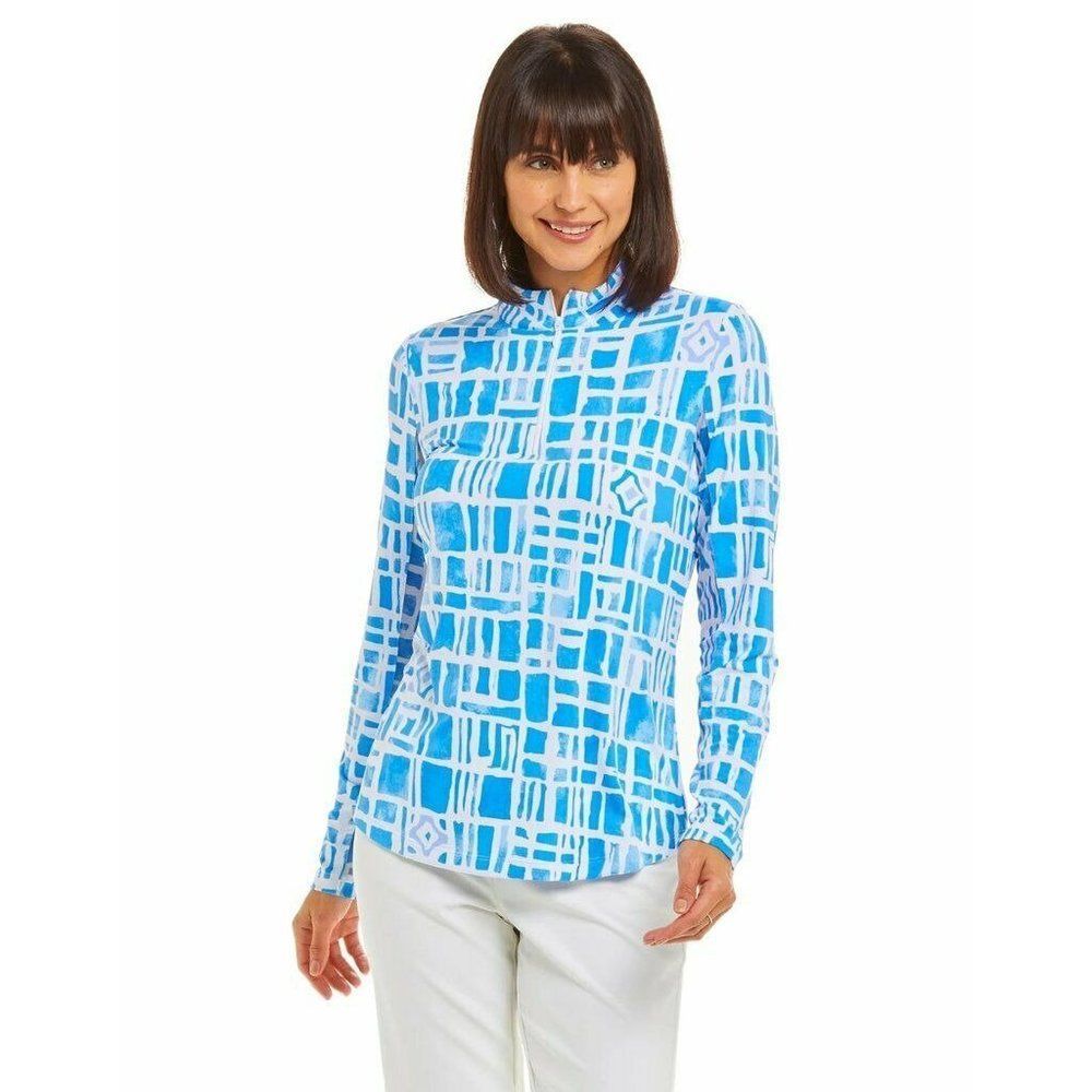 Ibkul Out Of The Box Mock Neck Top Xl Long Sleeve Blue White Zip Upf 50